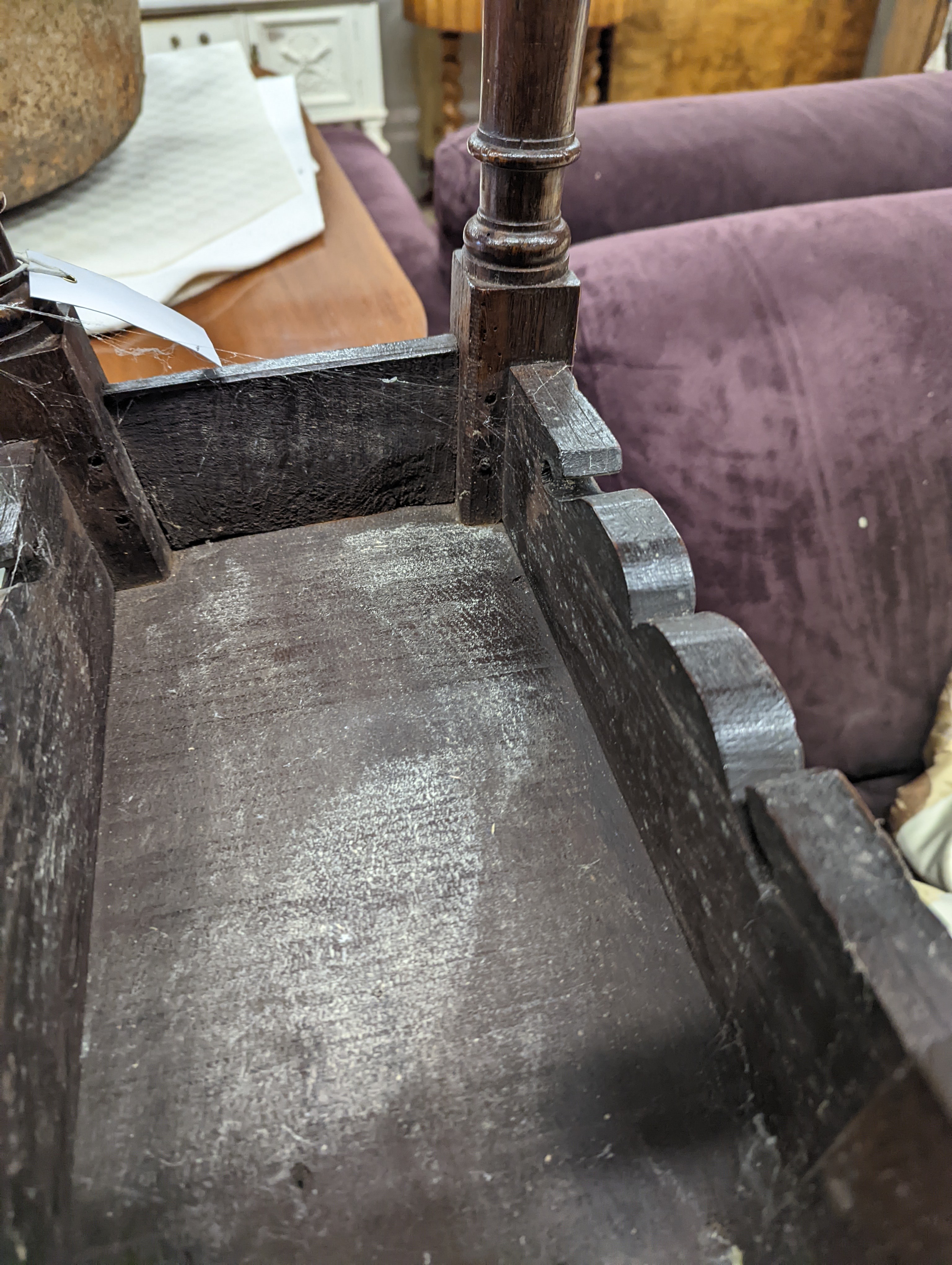 A 17th century style oak joint stool, width 46cm, depth 26cm, height 46cm and a George III stool with Victorian needlework seat, length 33cm